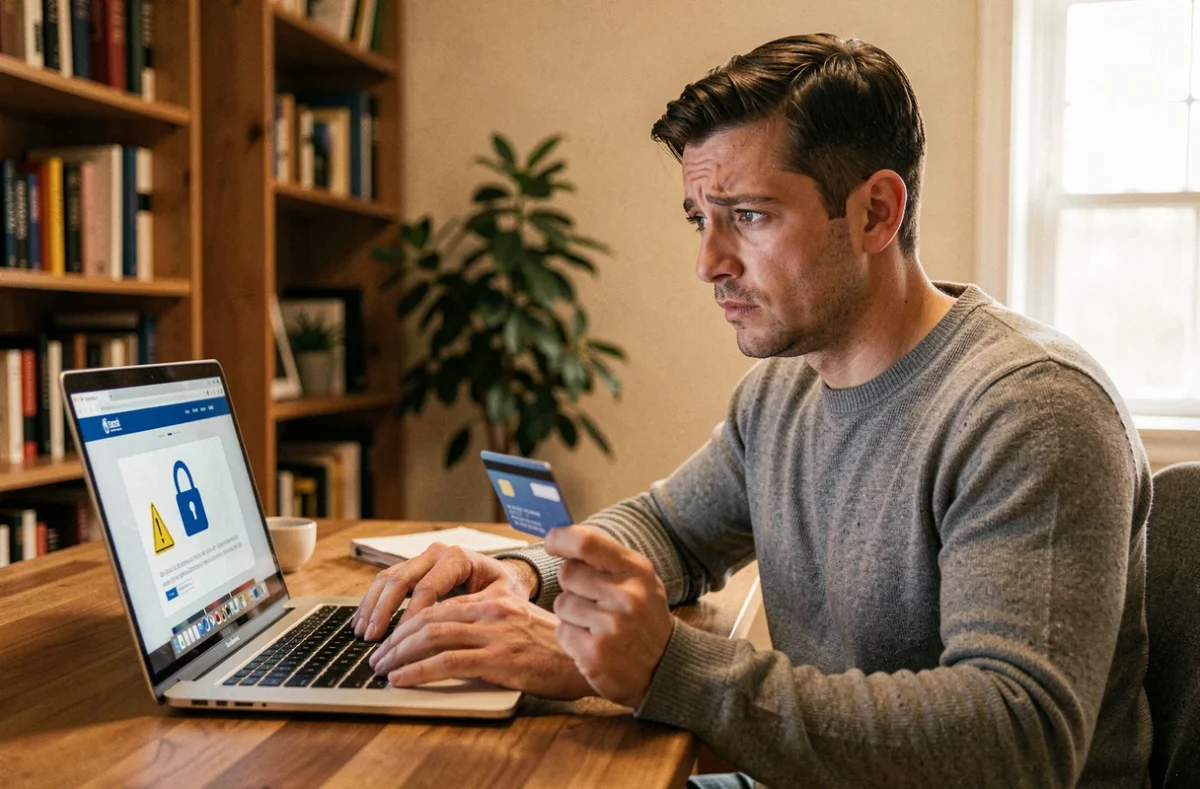 Homme hésitant devant un site internet suspect tenant sa carte bancaire face à un avertissement en ligne