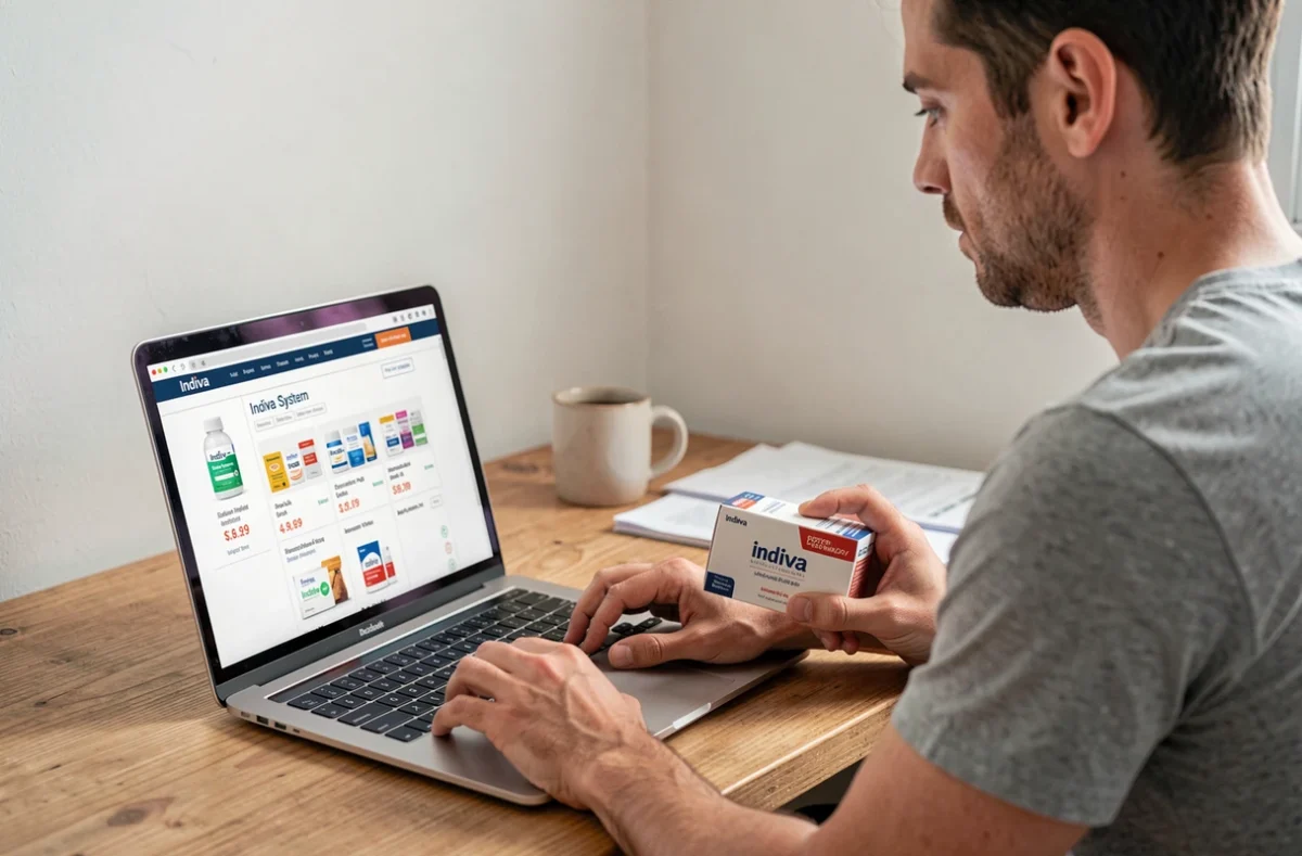 Homme consultant les prix du système Indiva System sur un site de pharmacie en ligne depuis son domicile