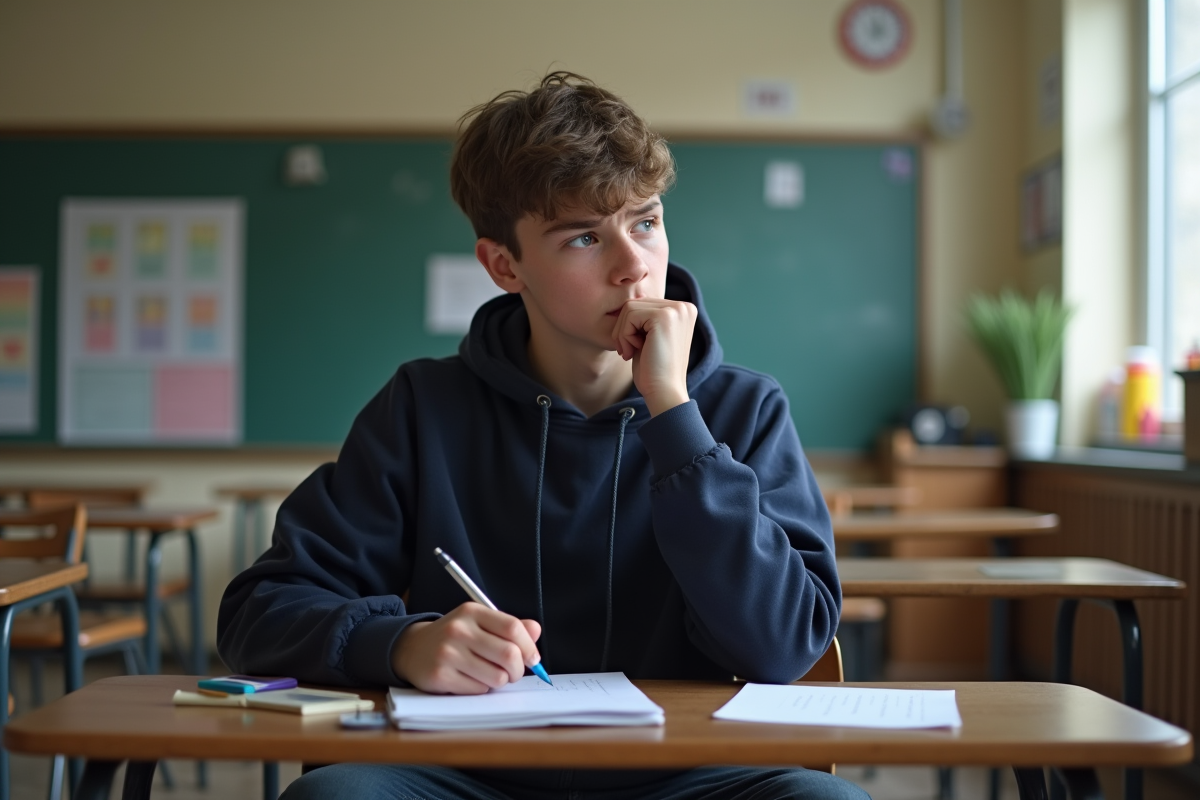 Adolescent en classe toussant à son bureau