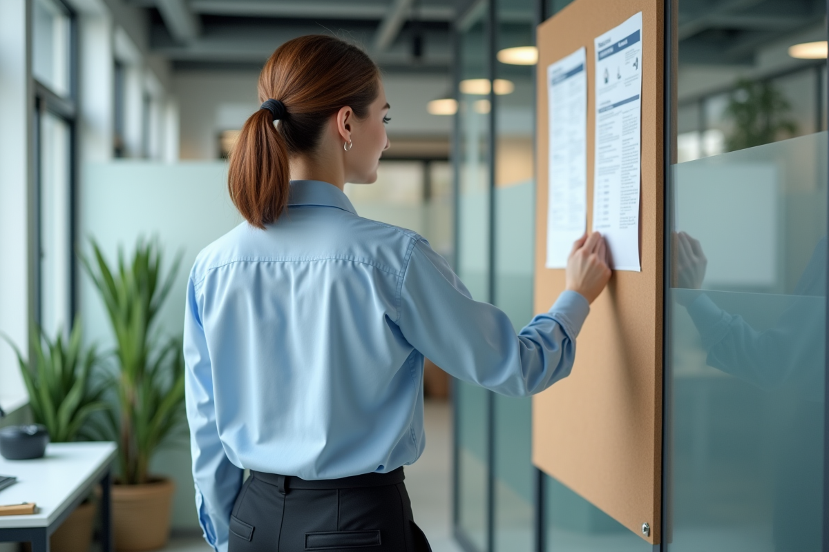 Jeune femme affichant une note de sécurité dans un bureau moderne