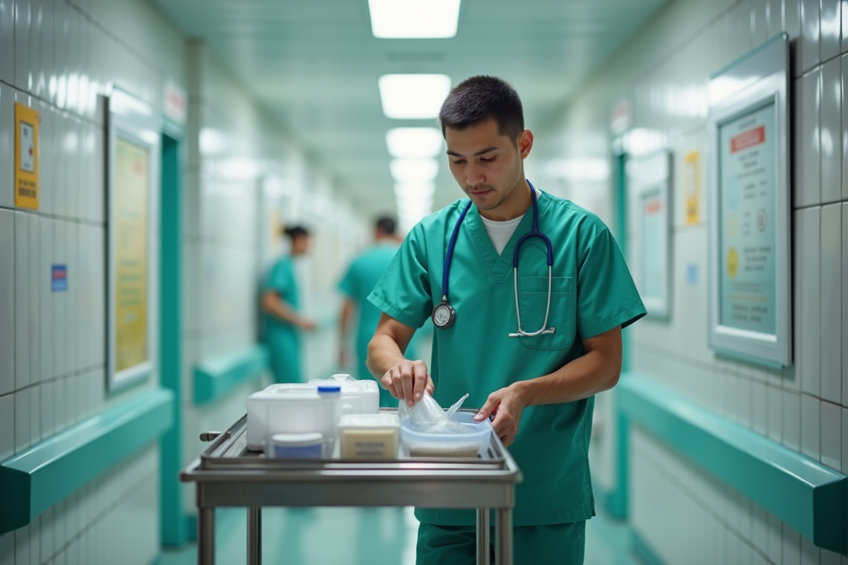 Jeune aide-soignant préparant un plateau médical dans un couloir