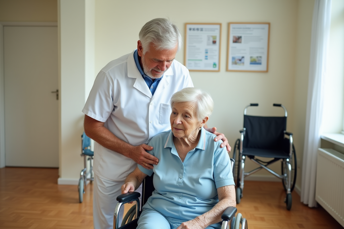 Aide soignant aidant un patient age lors d une evaluation