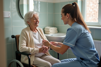 Femme senior assise en fauteuil de bain aidée par une aide-soignante