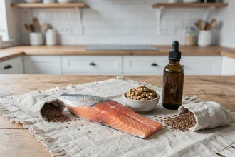 Aliments riches en oméga 3 disposés sur une table en bois : saumon cru, noix, graines de lin et huile de poisson