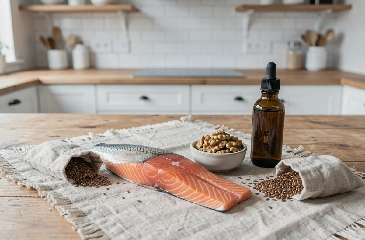 Aliments riches en oméga 3 disposés sur une table en bois : saumon cru, noix, graines de lin et huile de poisson