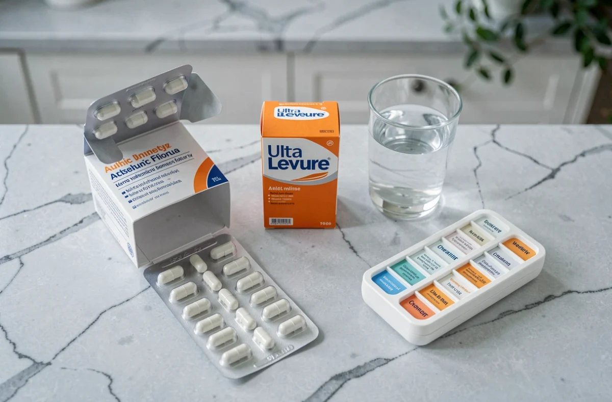 Vue aérienne d'antibiotiques et Ultra-Levure posés sur un plan de travail en marbre pour illustrer un protocole santé quotidien