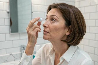 Femme appliquant des gouttes ophtalmiques STERDEX dans son œil devant un miroir de salle de bain