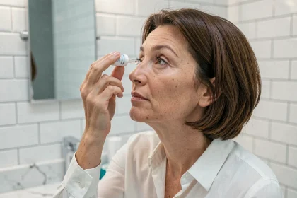 Femme appliquant des gouttes ophtalmiques STERDEX dans son œil devant un miroir de salle de bain