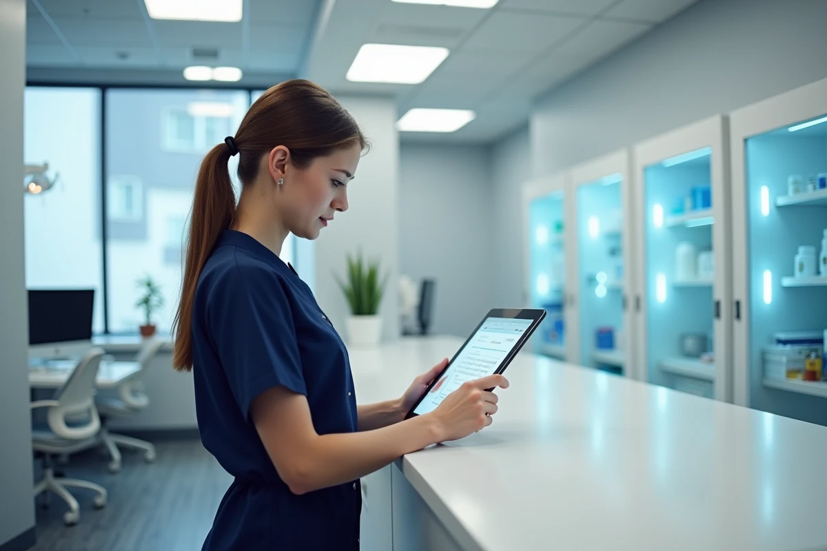 Assistante dentaire vérifiant un dossier patient sur une tablette dans le cabinet