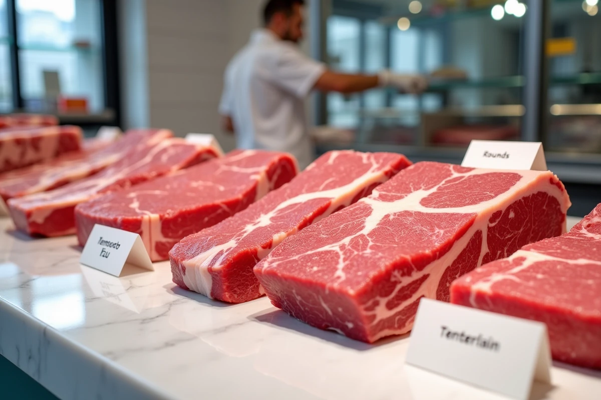 Assortiment de morceaux de viande rouge maigre crue sur marbre blanc chez le boucher, avec étiquettes identifiant chaque coupe riche en protéines