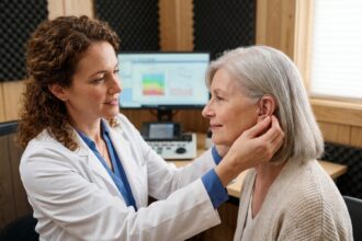 Audioprothésiste femme ajustant une aide auditive sur une patiente âgée dans un cabinet d'audiologie moderne