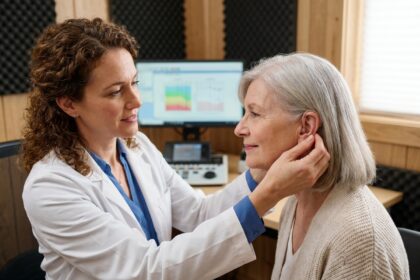 Audioprothésiste femme ajustant une aide auditive sur une patiente âgée dans un cabinet d'audiologie moderne