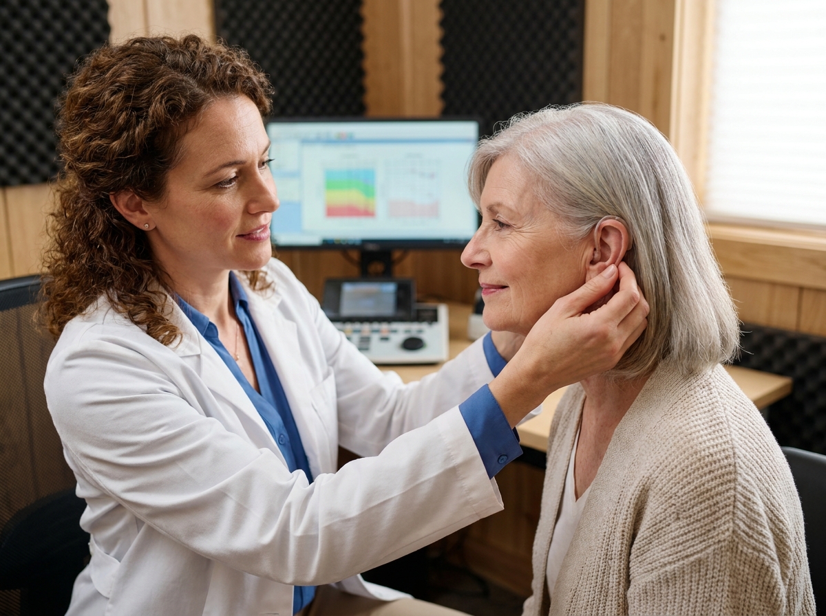 Audioprothésiste femme ajustant une aide auditive sur une patiente âgée dans un cabinet d'audiologie moderne