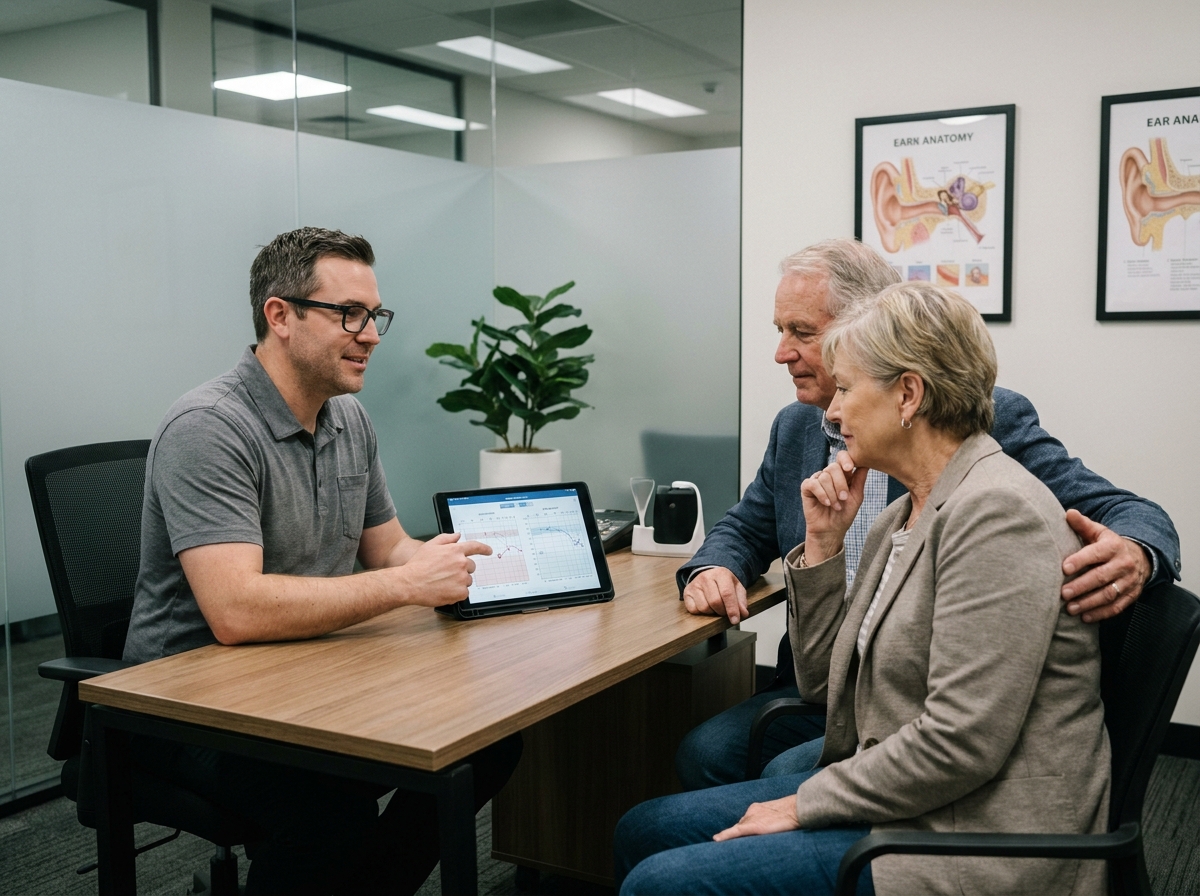 Audioprothésiste expliquant les résultats d'un bilan auditif à un couple de seniors en consultation