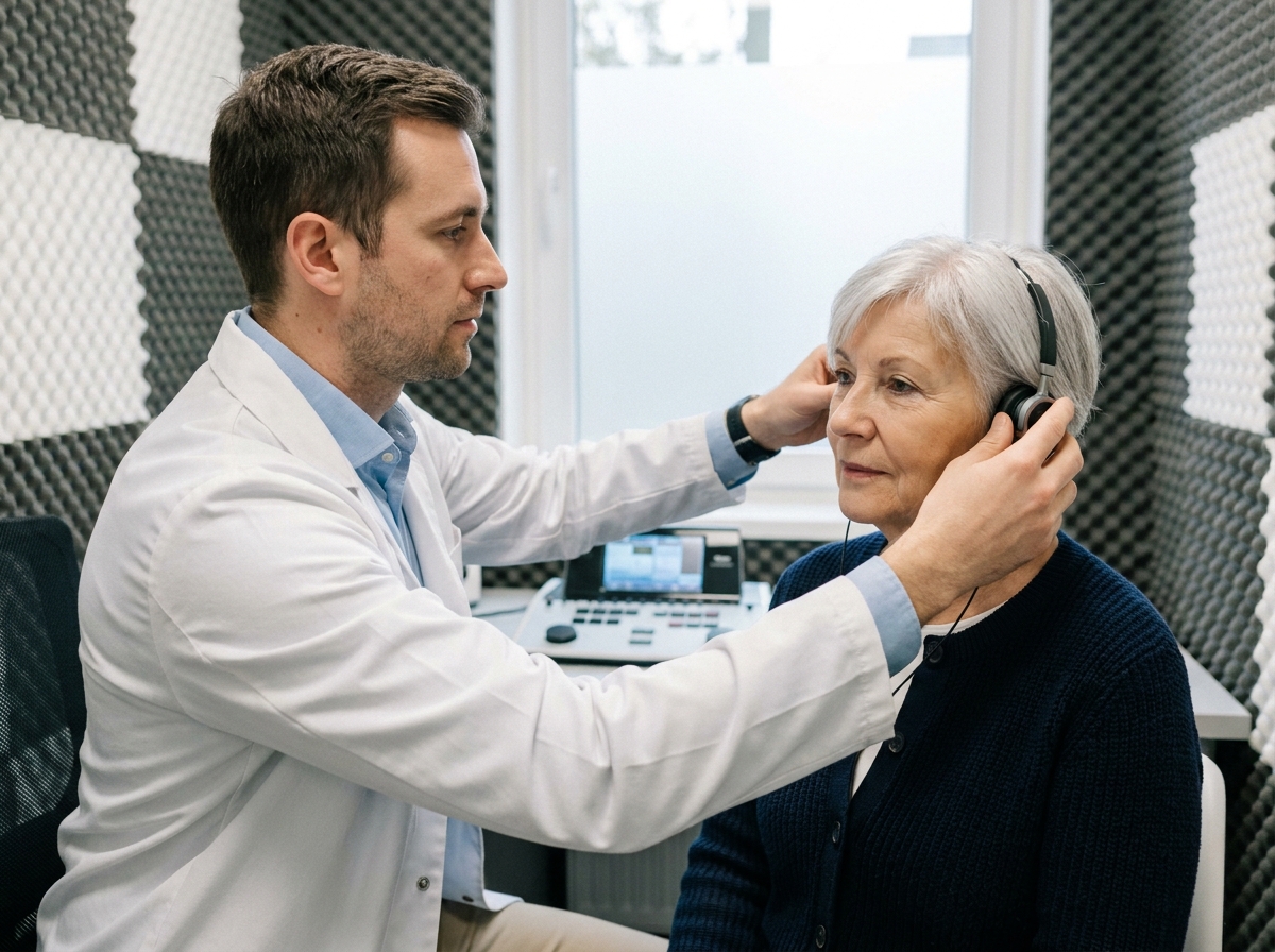 Audiologiste réalisant un test auditif sur une femme âgée dans une clinique d'audiologie moderne