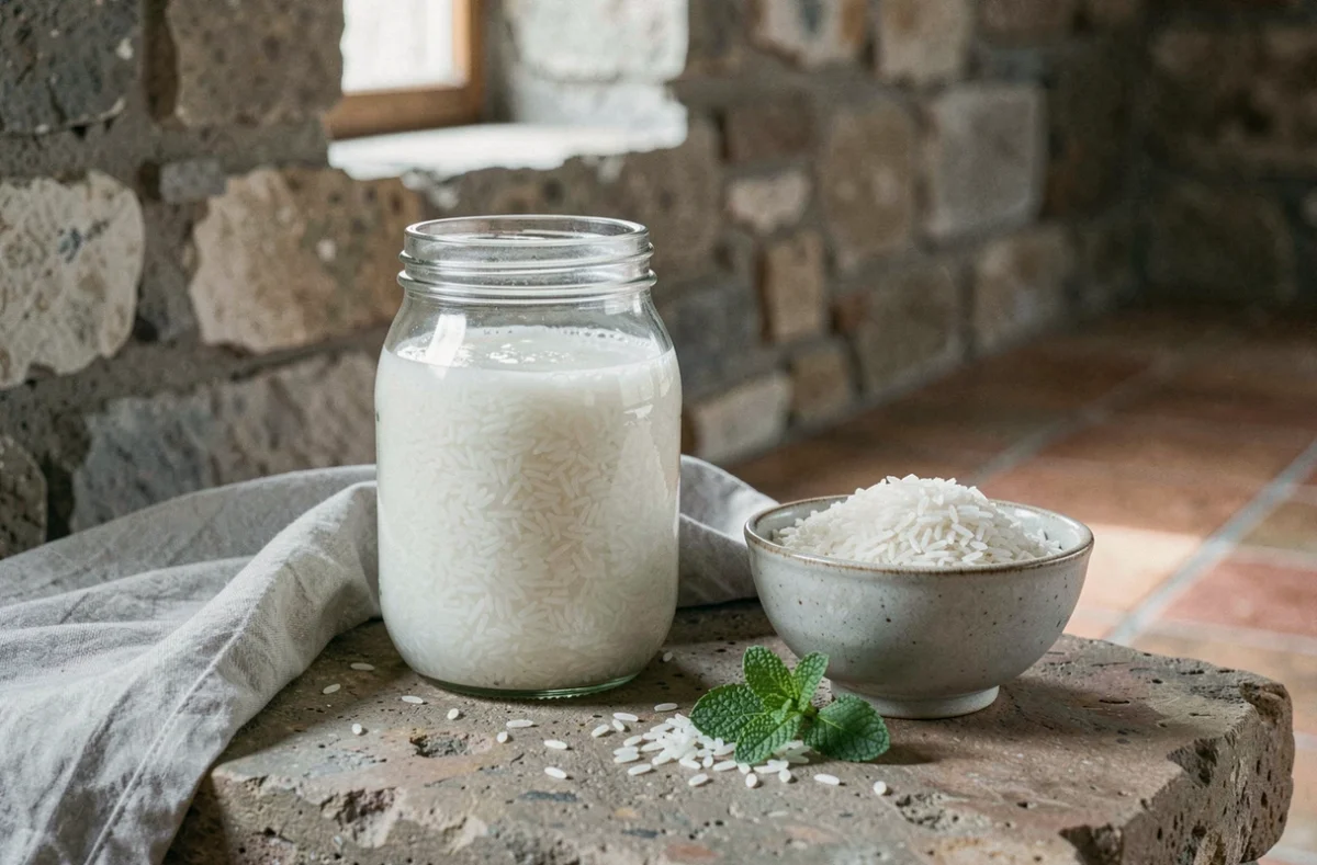 Bocal d'eau de riz artisanale avec bol de riz blanc et menthe fraîche sur plan de travail en pierre, tendance santé naturelle