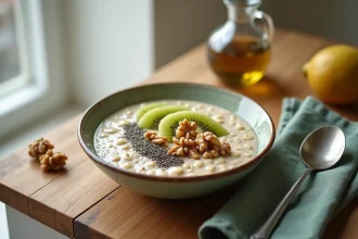 Bol de petit-déjeuner aux flocons d'avoine, graines de chia et noix riches en oméga 3 sur une table en bois