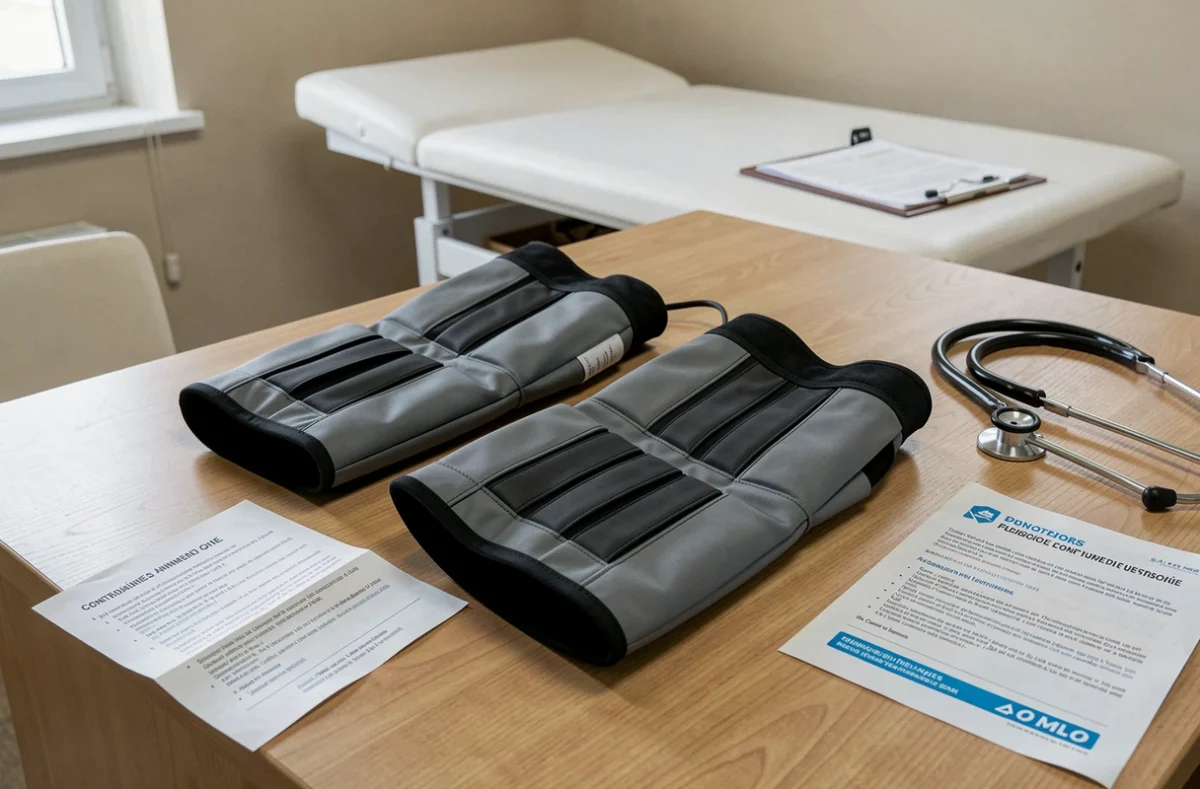 Bottes de pressothérapie posées sur un bureau médical avec une brochure listant les contre-indications