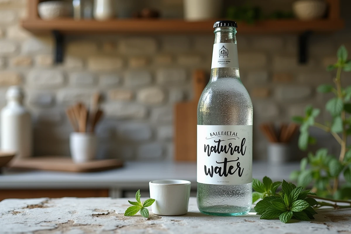 Bouteille d'eau minérale naturelle posée sur un comptoir en pierre dans une cuisine rustique