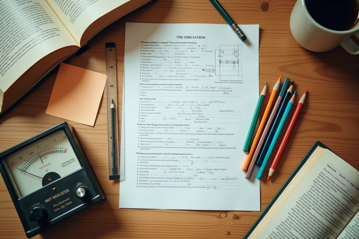 Vue de dessus d'un bureau avec exercices corrigés de calcul de tension, voltmètre analogique et manuel de physique sur la loi d'Ohm