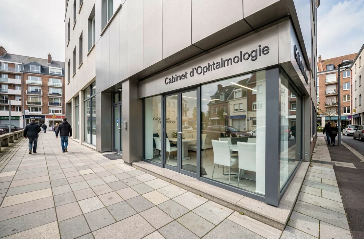 Façade du cabinet d'ophtalmologie situé Esplanade Georges Pompidou à Saint-Brieuc, avec vitrine professionnelle et enseigne médicale