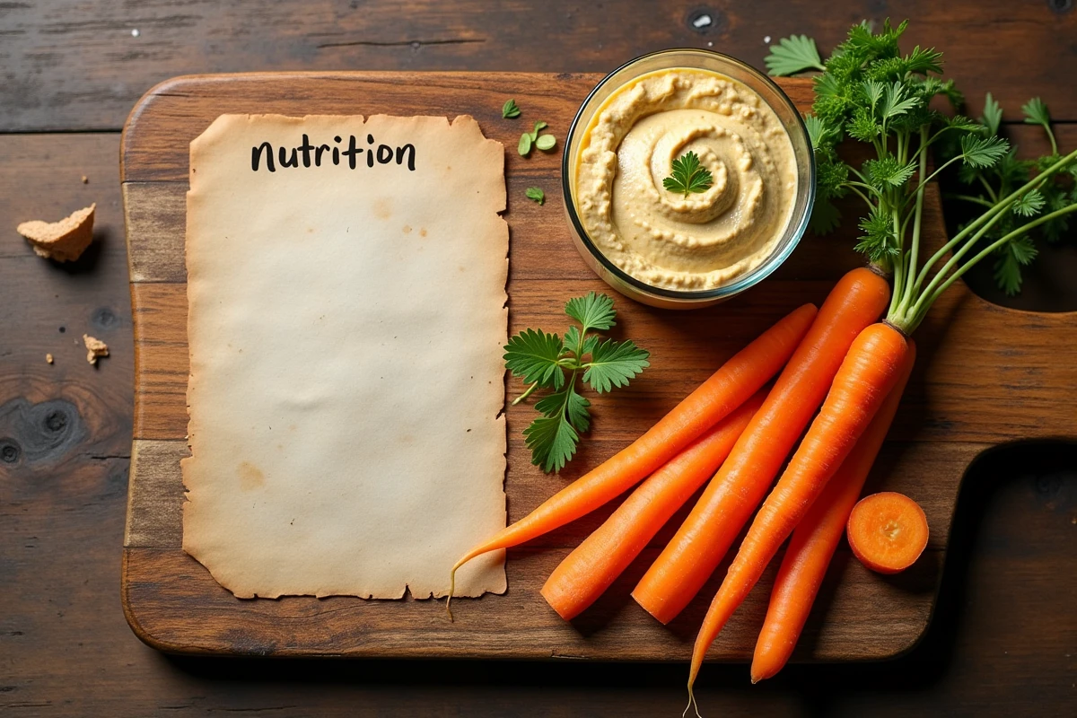 Plateau en bois avec des rondelles de carottes crues, du houmous et une note nutritionnelle sur les glucides des carottes