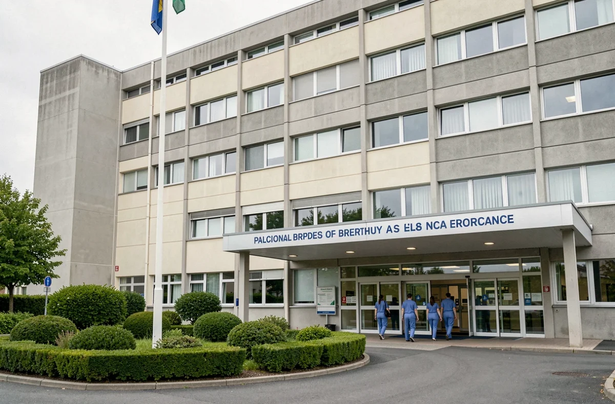 Façade principale du Centre Hospitalier de Saint-Brieuc, Hôpital Yves Le Foll, avec entrée principale et personnel soignant
