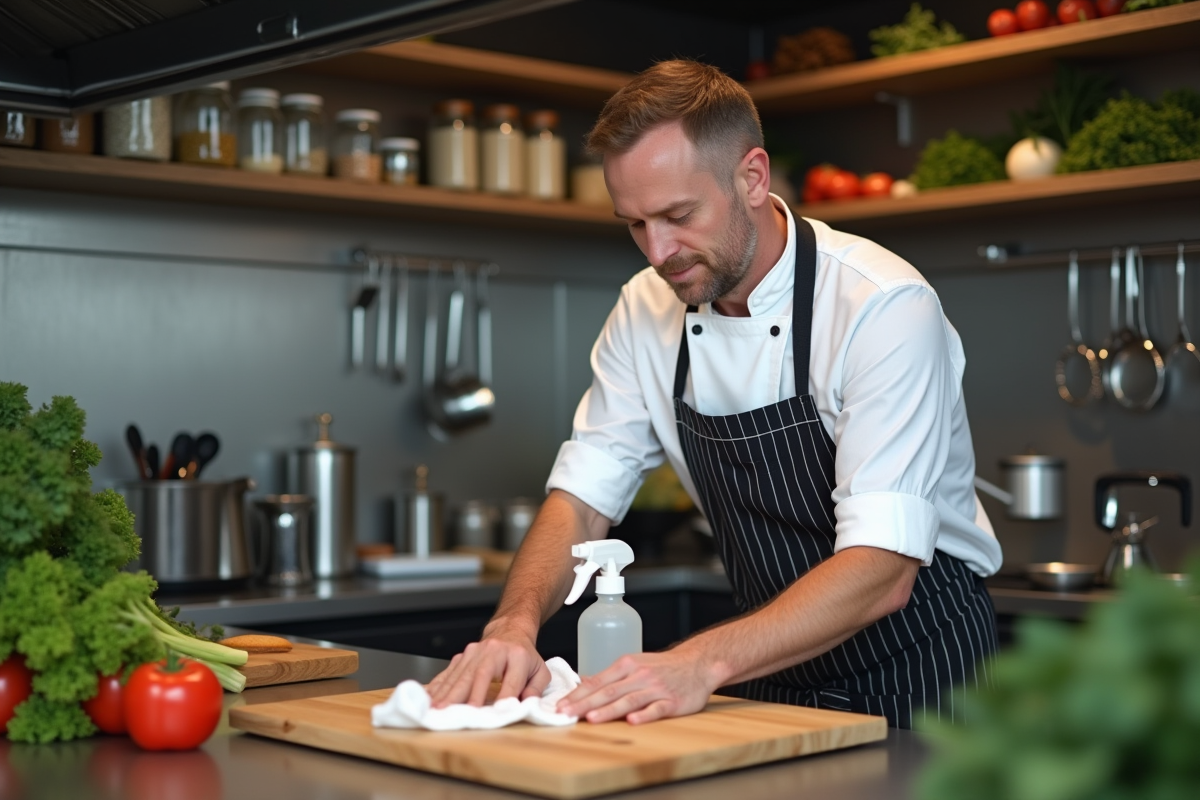 Chef en train de désinfecter une planche dans une cuisine moderne