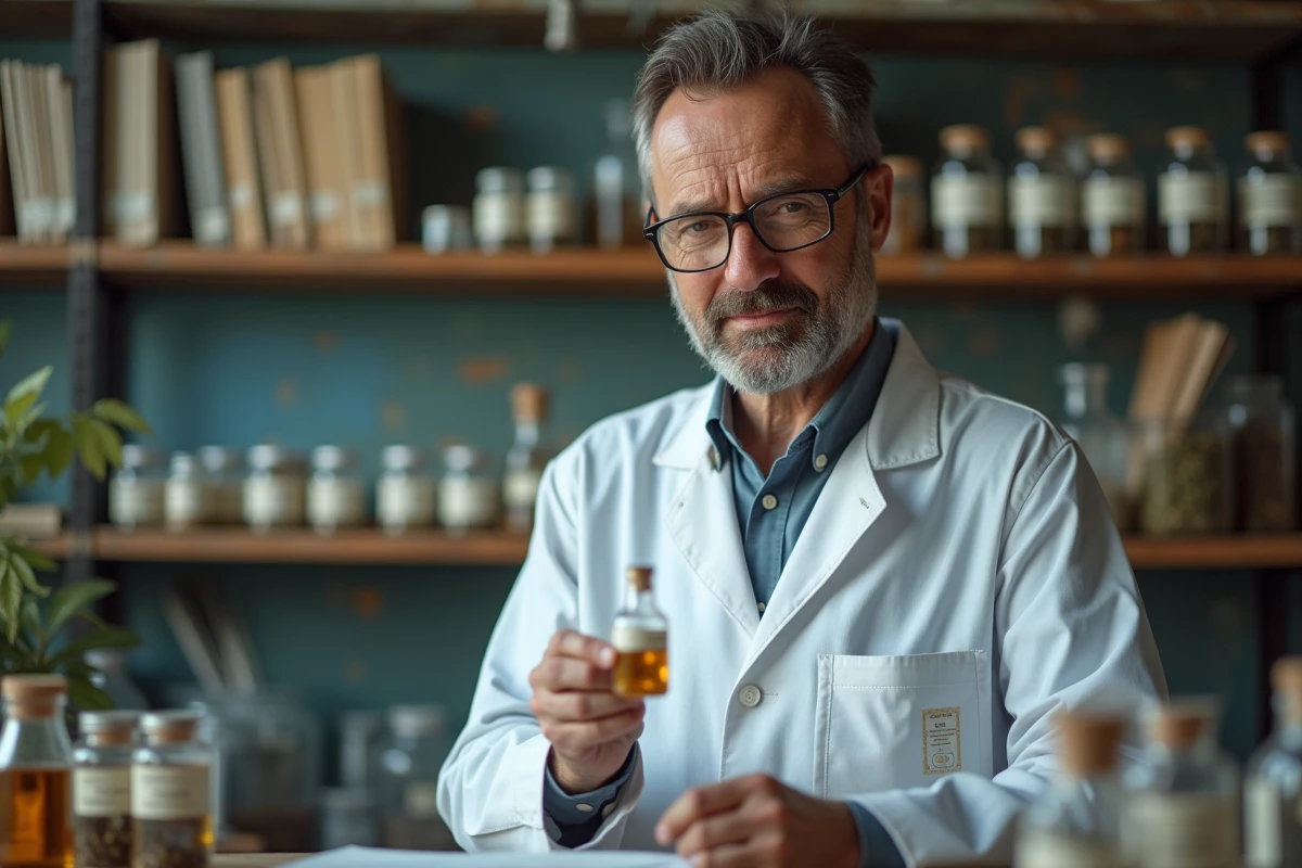 Chercheur en blouse blanche analysant un échantillon de liquide anisé en laboratoire