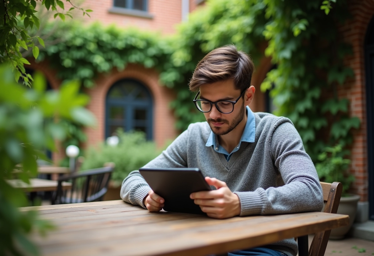 Jeune chercheur lisant des articles sur un café en plein air