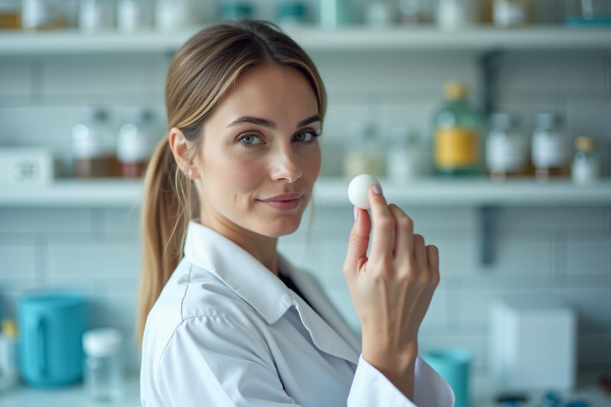 Chercheuse en blouse blanche examinant une perle de céramique dans un laboratoire scientifique moderne