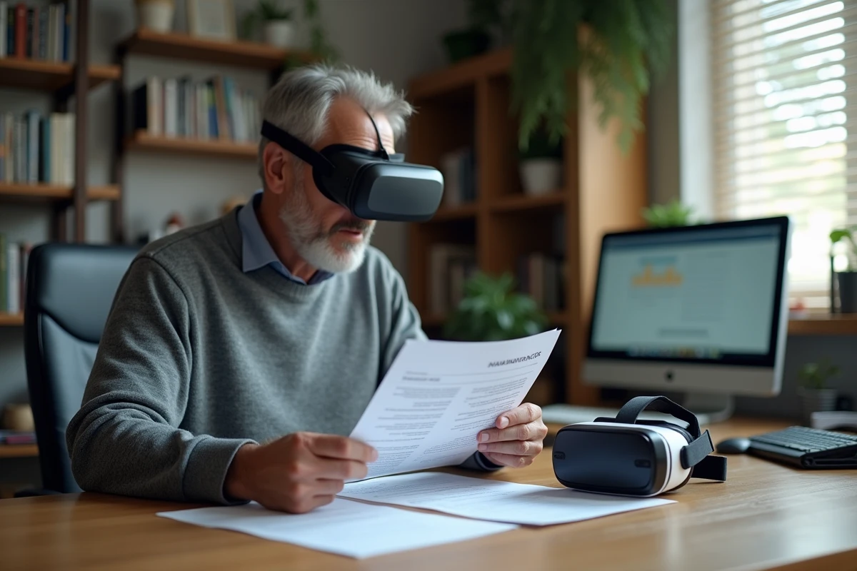 Homme comparant des devis pour un casque de réalité virtuelle thérapeutique à son bureau à domicile