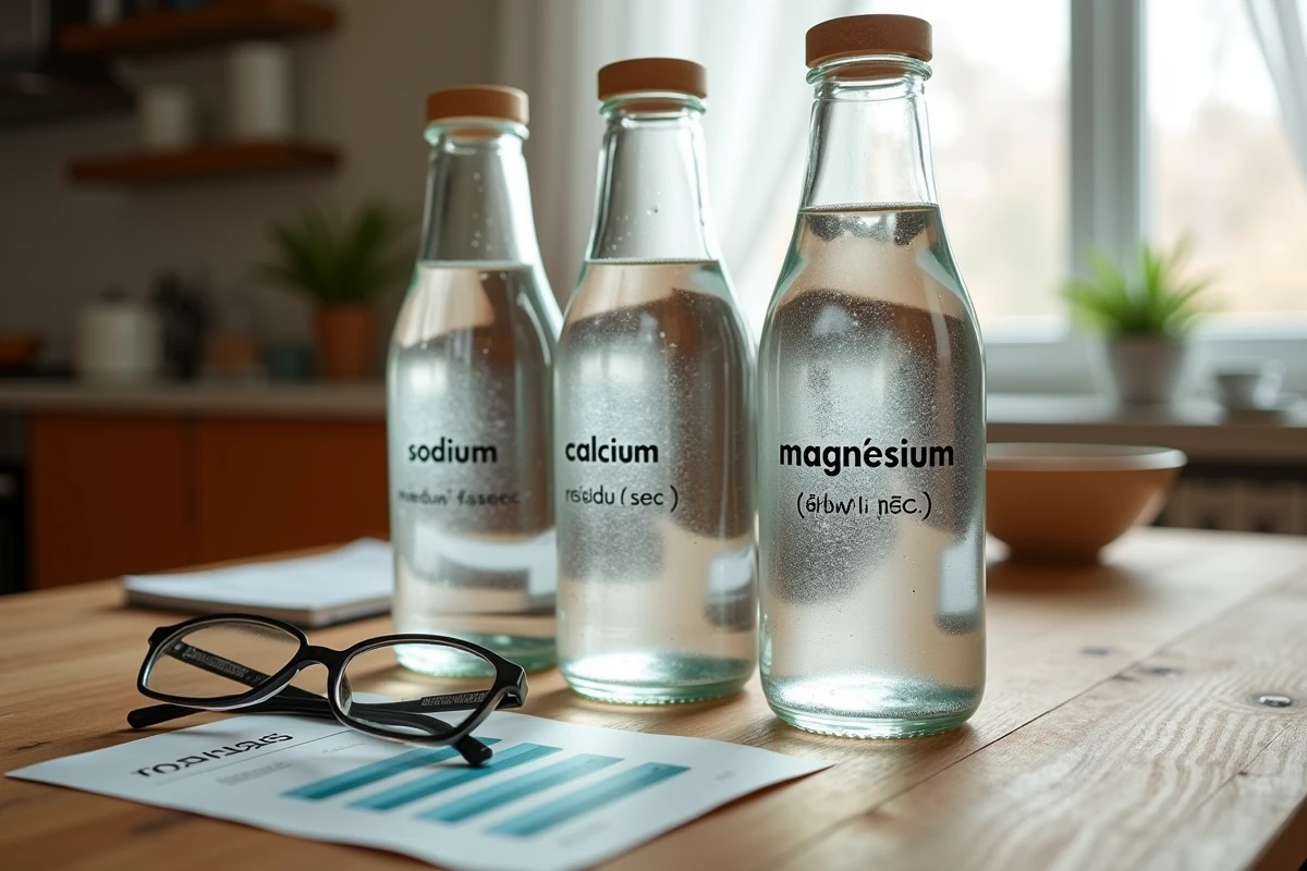 Comparaison des étiquettes de trois eaux minérales différentes sur une table en bois pour choisir la meilleure eau pour les reins