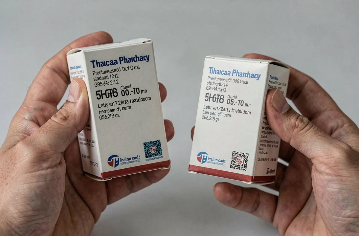 Comparaison entre une boîte de médicament authentique et une contrefaçon tenue dans deux mains sur fond gris