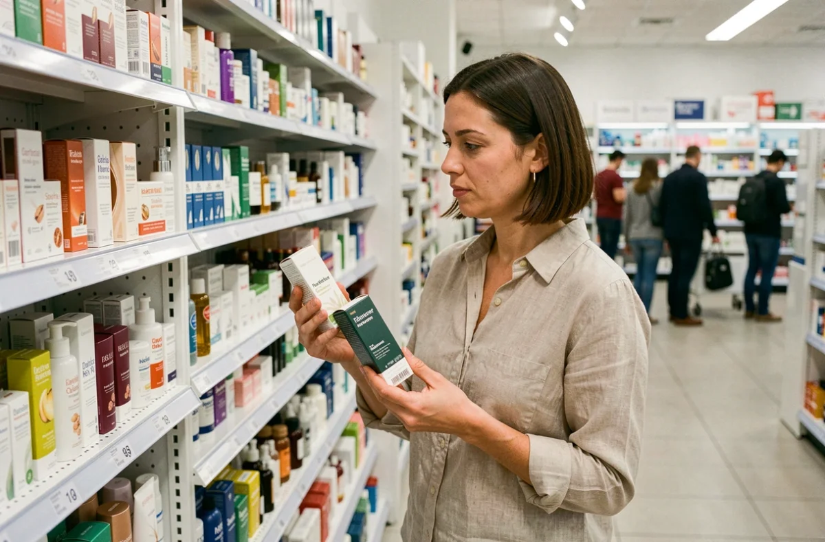 Femme comparant deux produits Indiva System dans le rayon parapharmacie d'une grande surface