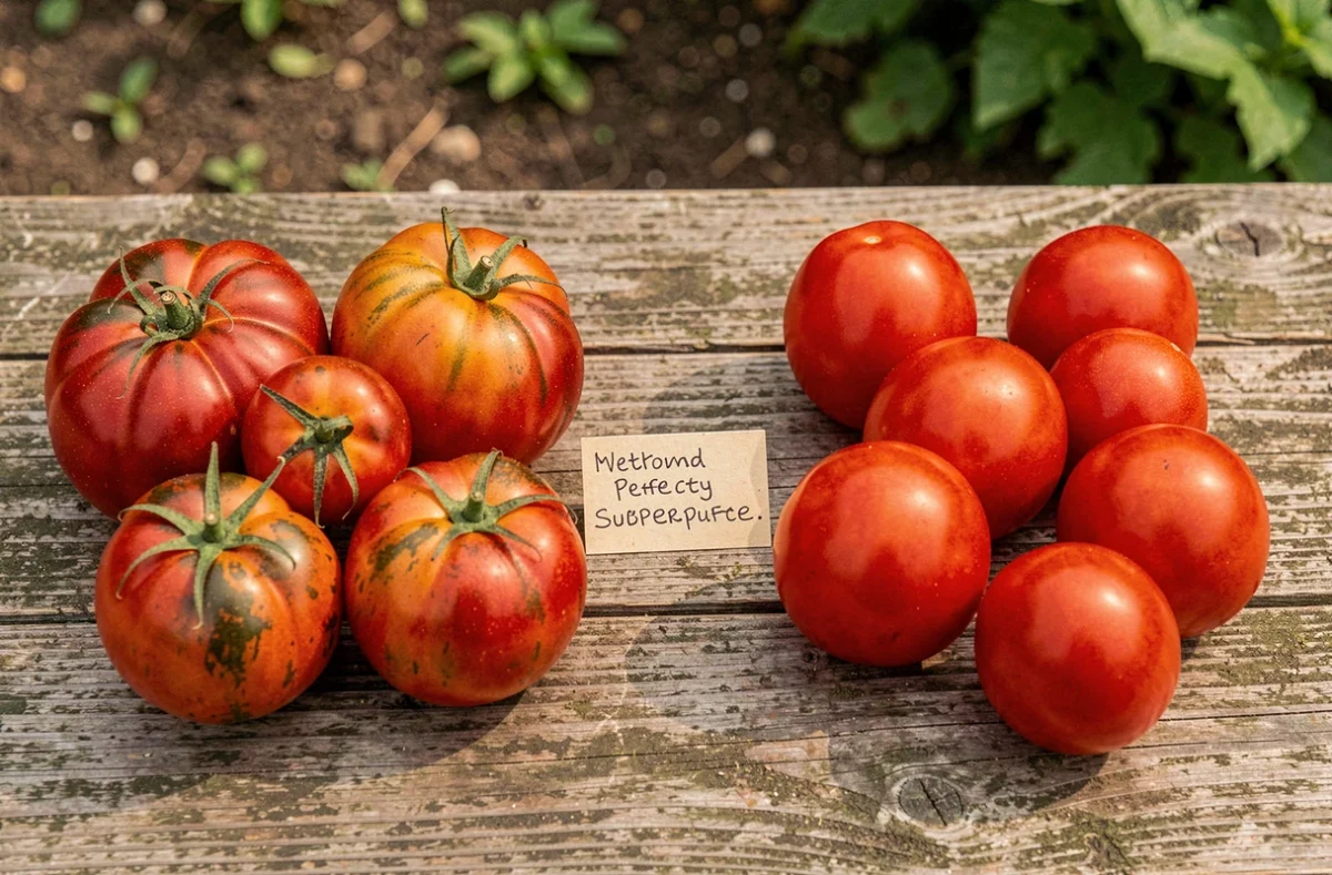 Comparaison visuelle entre tomates du jardin et tomates industrielles sur une table en bois, impact potentiel sur la digestion et la diarrhée
