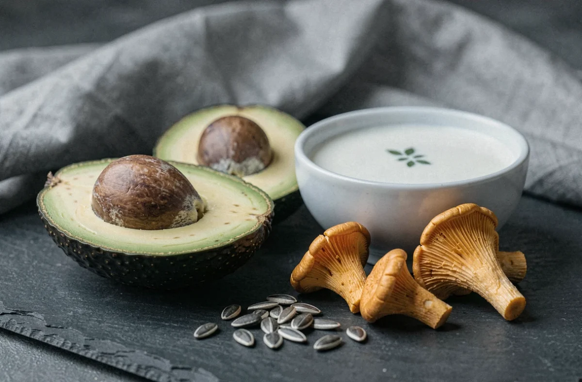 Composition de produits alimentaires contenant de la vitamine D, avocat, champignons girolles, graines et lait végétal sur ardoise noire