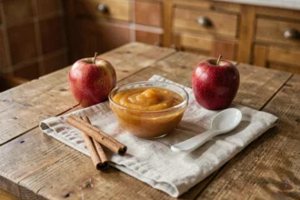 Bol de compote de pomme maison sur une table en bois avec des pommes fraîches et de la cannelle
