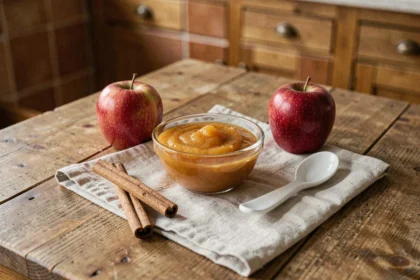 Bol de compote de pomme maison sur une table en bois avec des pommes fraîches et de la cannelle