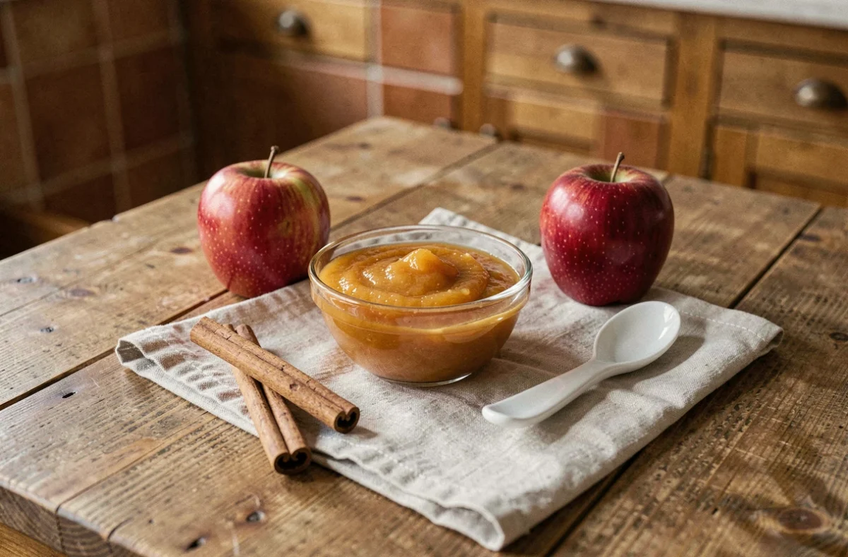 Bol de compote de pomme maison sur une table en bois avec des pommes fraîches et de la cannelle