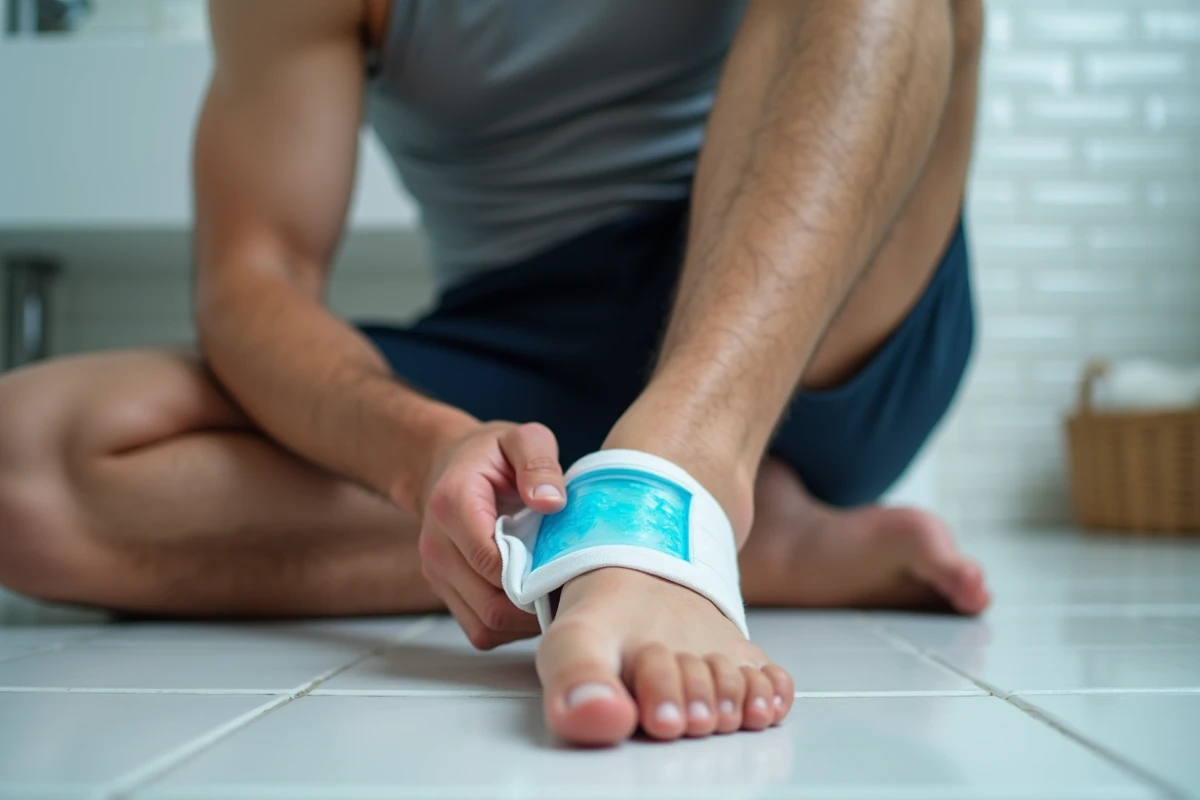 Homme appliquant une poche de glace sur le côté extérieur de son pied gauche en geste de premiers secours à domicile
