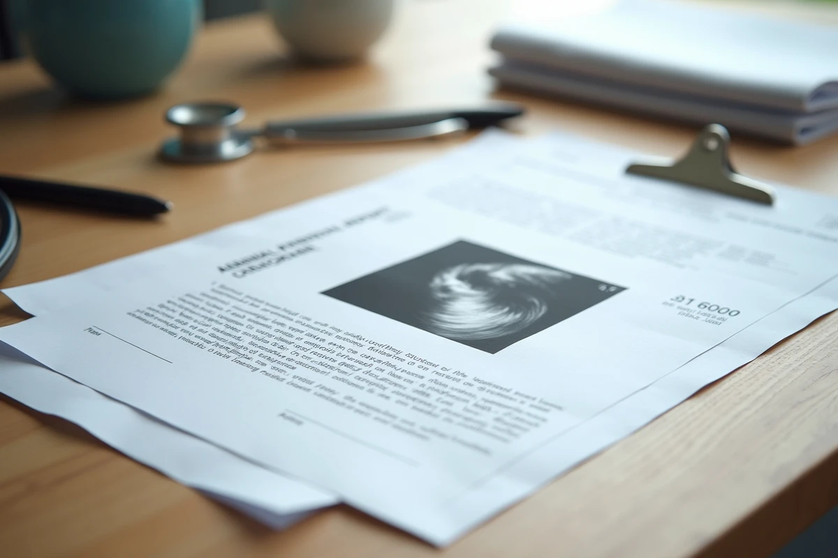 Compte rendu d'échographie abdominale imprimé sur un bureau avec stéthoscope et stylo en cabinet médical