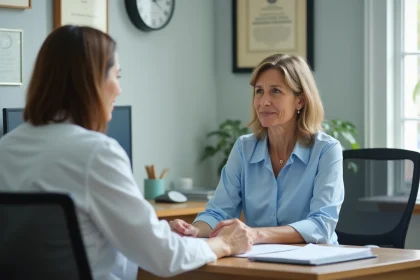 Femme en consultation chez un médecin généraliste pour faire reconnaître une maladie longue durée prise en charge à 100%