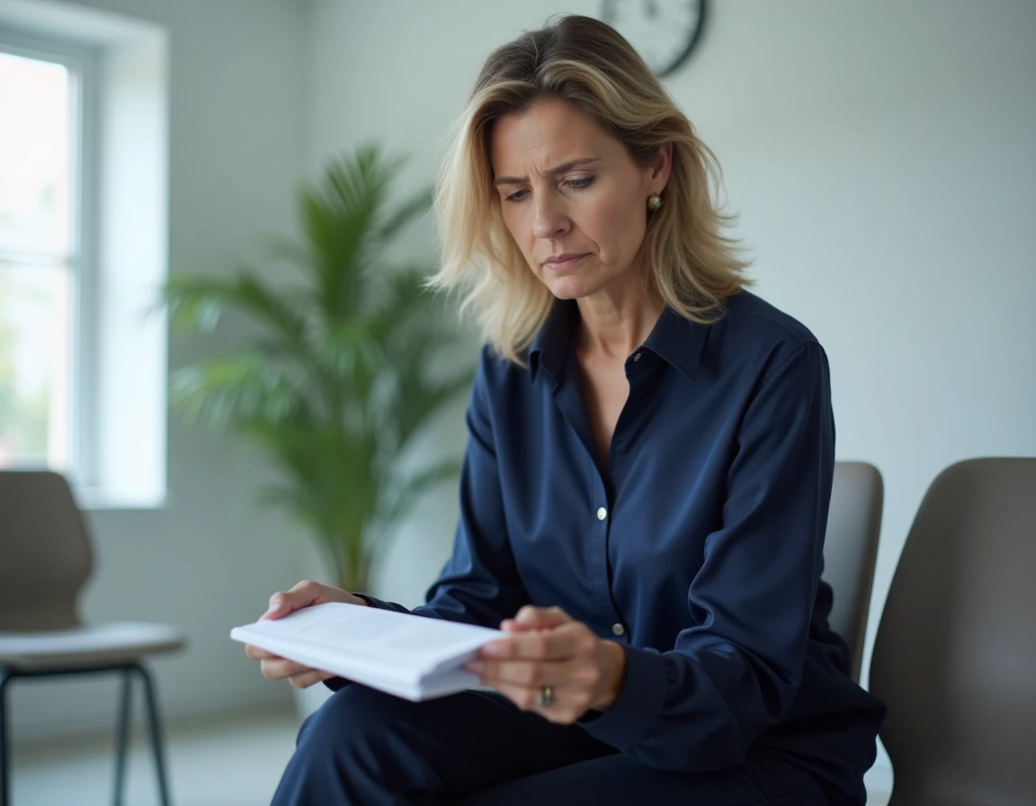 Femme inquiète dans une salle d'attente médicale tenant une ordonnance, cherchant un avis médical pour ajuster son dosage de Levothyrox