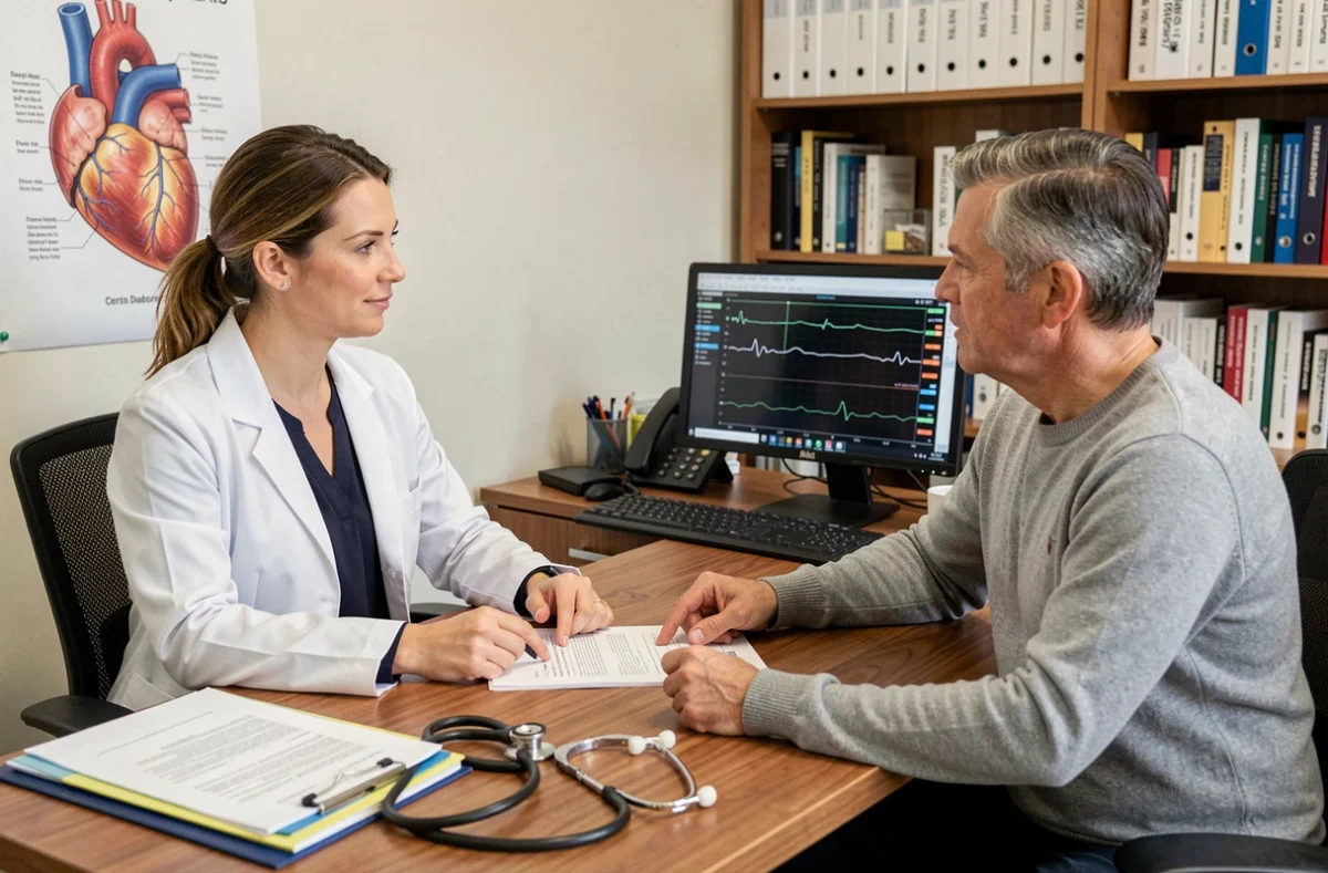 Médecin expliquant les examens cardiaques à un patient souffrant de douleur au bras gauche
