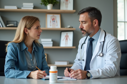 Femme et médecin discutant en cabinet médical moderne