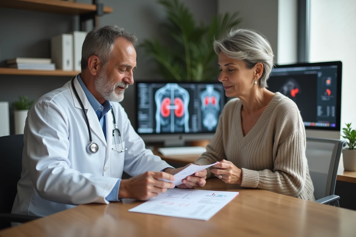 Néphrologue expliquant les risques rénaux du gadolinium à une patiente lors d'une consultation médicale