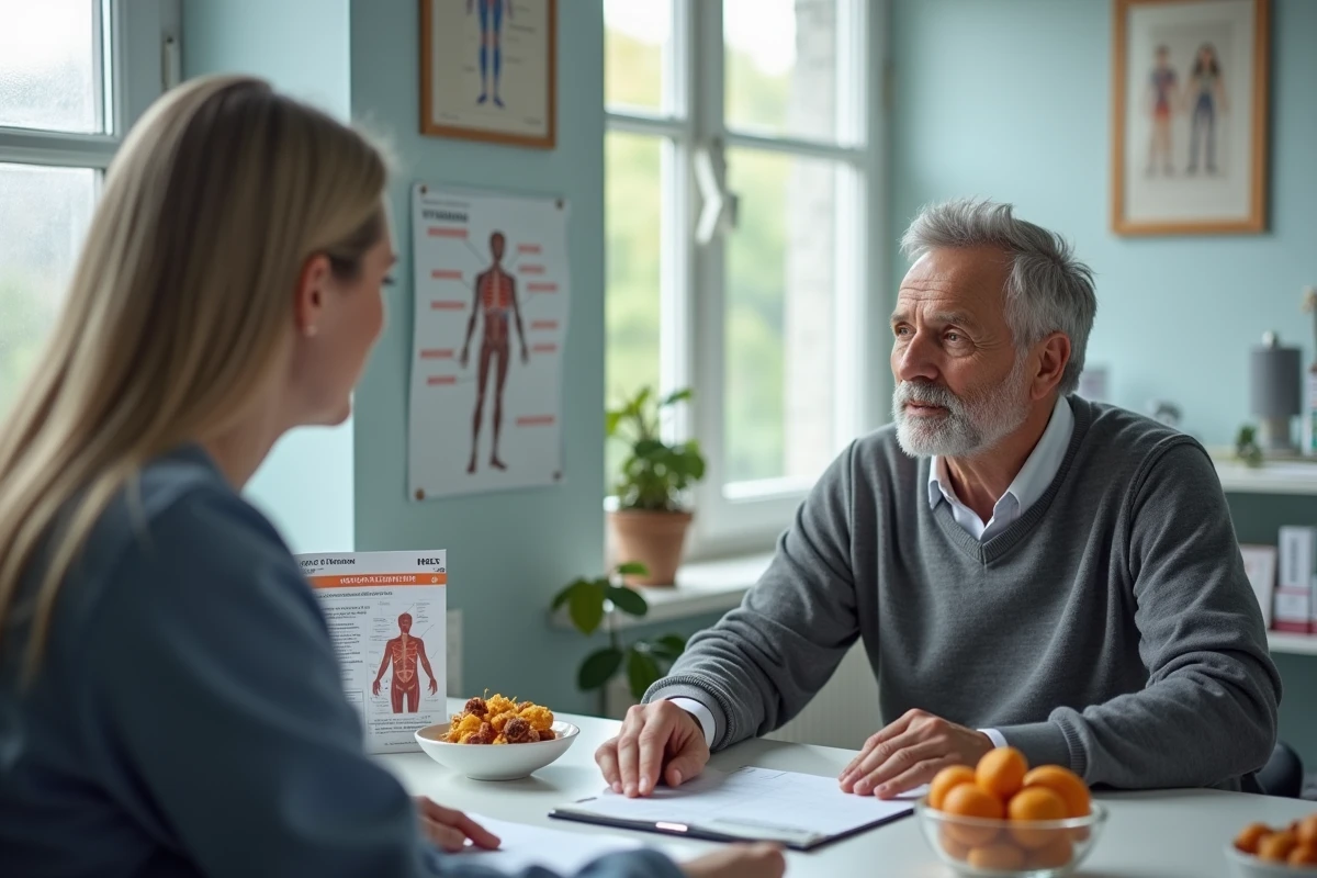 Patient d'une cinquantaine d'années en consultation médicale discutant de l'apport en vitamine D avec son médecin généraliste