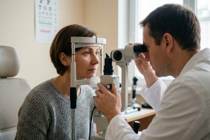 Femme de 45 ans lors d'un contrôle de la vue chez l'ophtalmologue, examen à la lampe à fente
