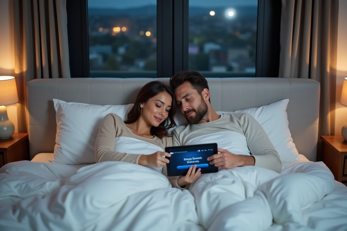 Couple au lit consultant ensemble un calculateur de durée de sommeil sur une tablette avant de dormir